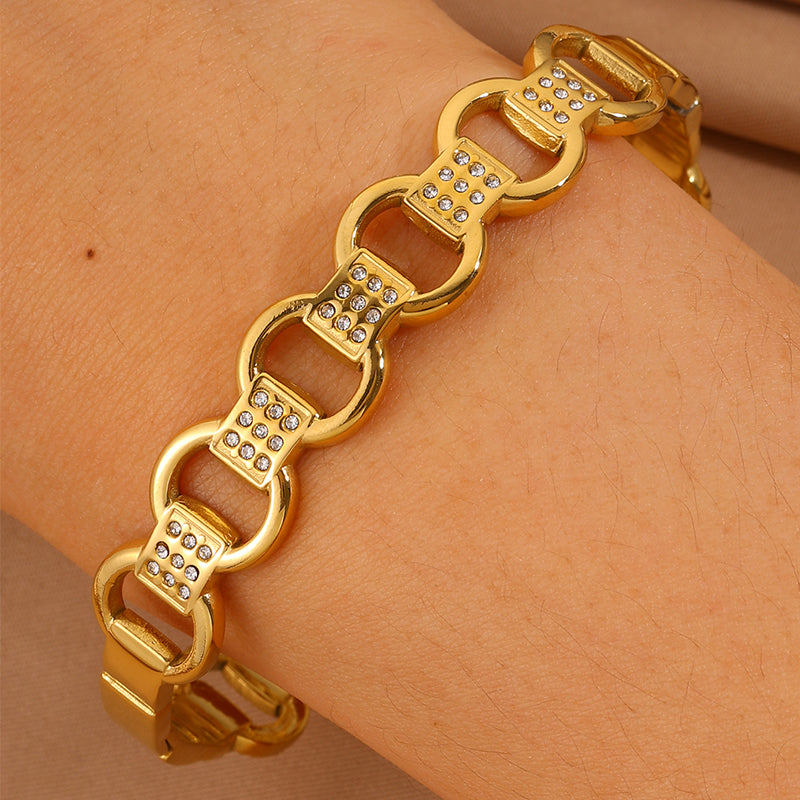 Bohemian Solid Color Bangle For Super Bowl Featuring 304 Stainless Steel With 18K Real Gold Plated And Rhinestones