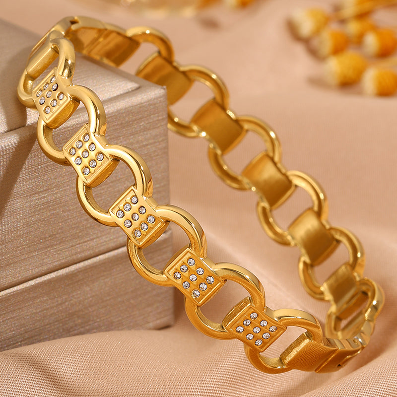 Bohemian Solid Color Bangle For Super Bowl Featuring 304 Stainless Steel With 18K Real Gold Plated And Rhinestones