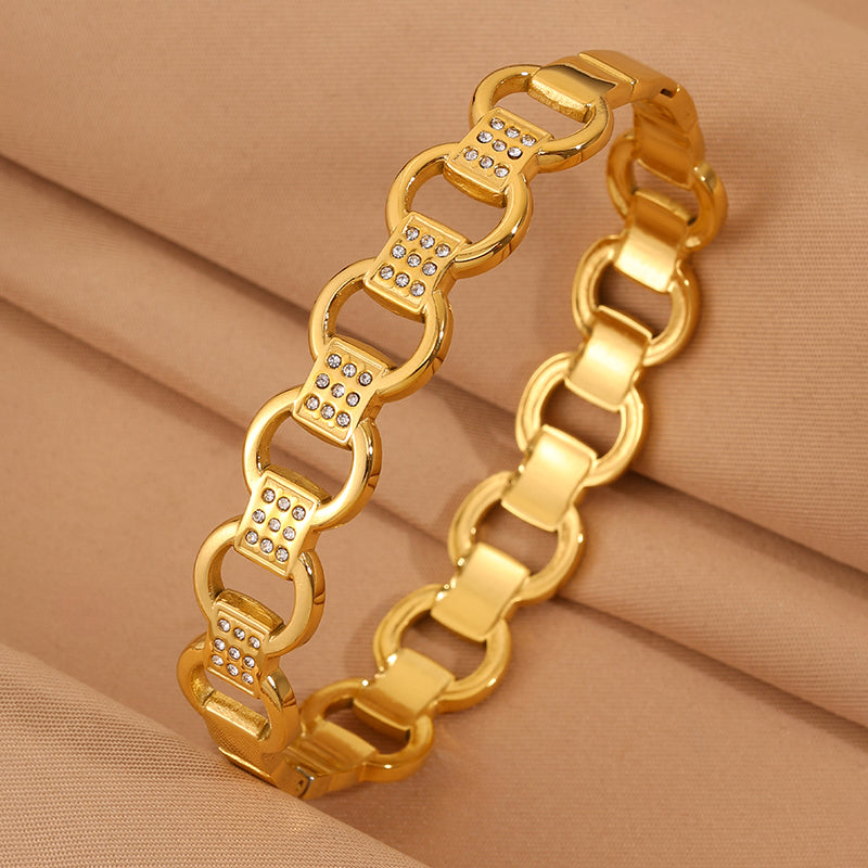 Bohemian Solid Color Bangle For Super Bowl Featuring 304 Stainless Steel With 18K Real Gold Plated And Rhinestones