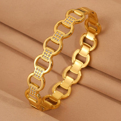 Bohemian Solid Color Bangle For Super Bowl Featuring 304 Stainless Steel With 18K Real Gold Plated And Rhinestones