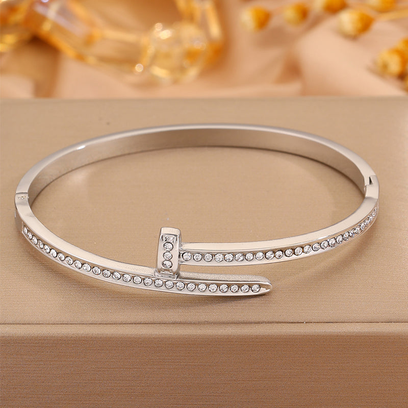 Solid Color Unisex Bangle For New Year Featuring 304 Stainless Steel With 18K Real Gold Plated And Rhinestones Inlay