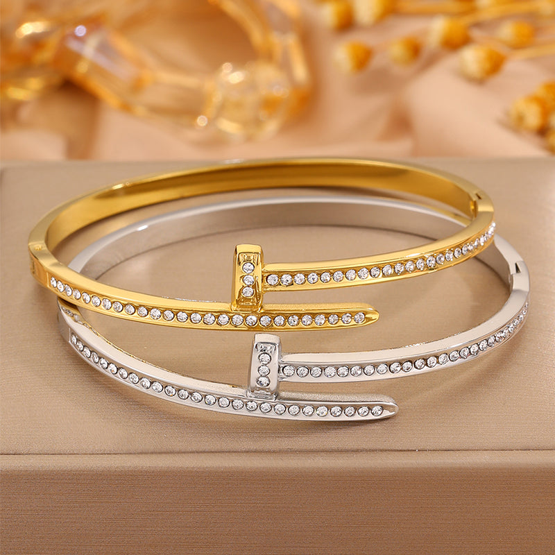 Solid Color Unisex Bangle For New Year Featuring 304 Stainless Steel With 18K Real Gold Plated And Rhinestones Inlay