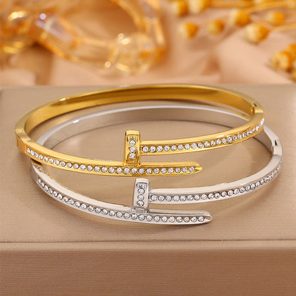 Solid Color Unisex Bangle For New Year Featuring 304 Stainless Steel With 18K Real Gold Plated And Rhinestones Inlay