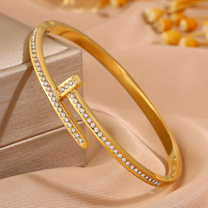 Solid Color Unisex Bangle For New Year Featuring 304 Stainless Steel With 18K Real Gold Plated And Rhinestones Inlay