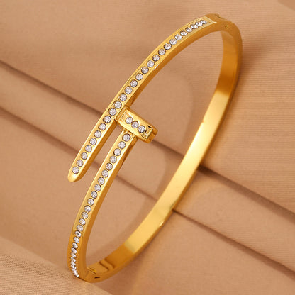 Solid Color Unisex Bangle For New Year Featuring 304 Stainless Steel With 18K Real Gold Plated And Rhinestones Inlay
