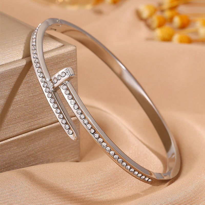 Solid Color Unisex Bangle For New Year Featuring 304 Stainless Steel With 18K Real Gold Plated And Rhinestones Inlay