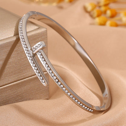 Solid Color Unisex Bangle For New Year Featuring 304 Stainless Steel With 18K Real Gold Plated And Rhinestones Inlay