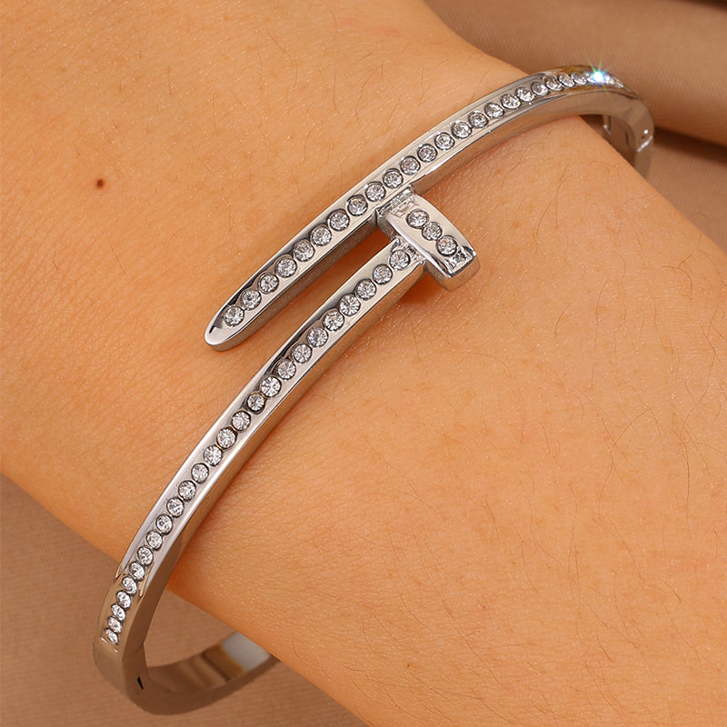 Solid Color Unisex Bangle For New Year Featuring 304 Stainless Steel With 18K Real Gold Plated And Rhinestones Inlay