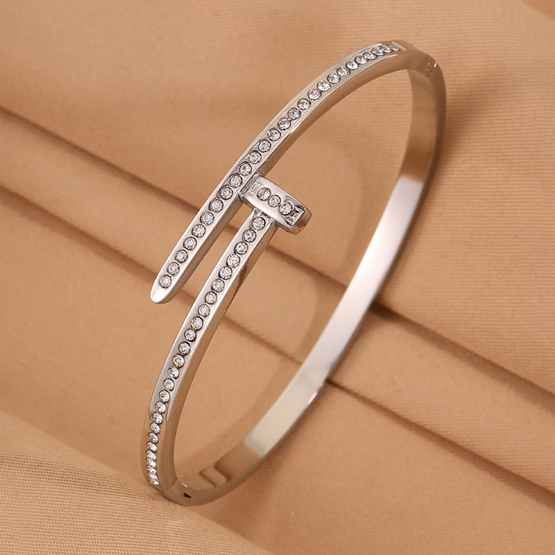 Solid Color Unisex Bangle For New Year Featuring 304 Stainless Steel With 18K Real Gold Plated And Rhinestones Inlay