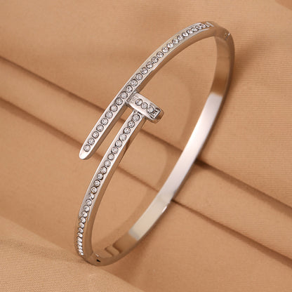 Solid Color Unisex Bangle For New Year Featuring 304 Stainless Steel With 18K Real Gold Plated And Rhinestones Inlay