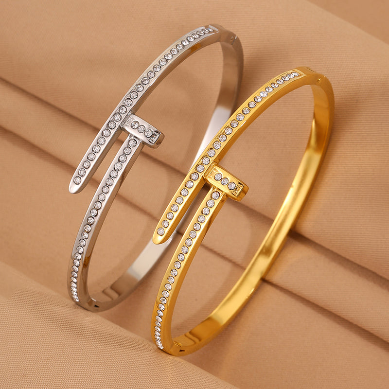 Solid Color Unisex Bangle For New Year Featuring 304 Stainless Steel With 18K Real Gold Plated And Rhinestones Inlay
