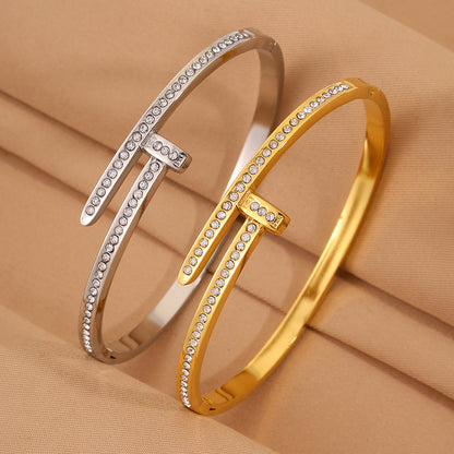 Solid Color Unisex Bangle For New Year Featuring 304 Stainless Steel With 18K Real Gold Plated And Rhinestones Inlay