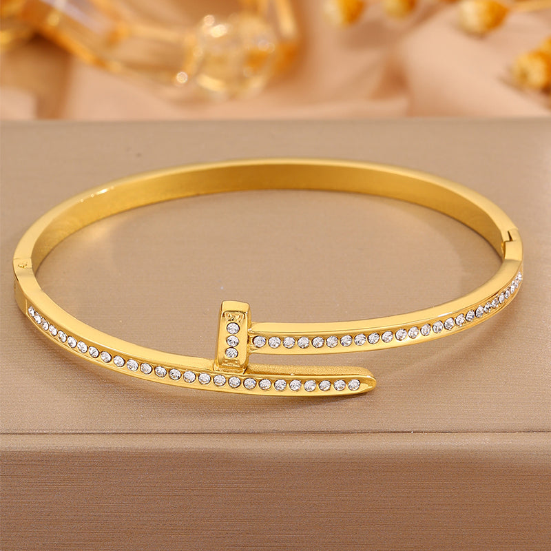 Solid Color Unisex Bangle For New Year Featuring 304 Stainless Steel With 18K Real Gold Plated And Rhinestones Inlay