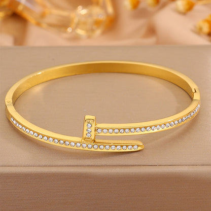 Solid Color Unisex Bangle For New Year Featuring 304 Stainless Steel With 18K Real Gold Plated And Rhinestones Inlay