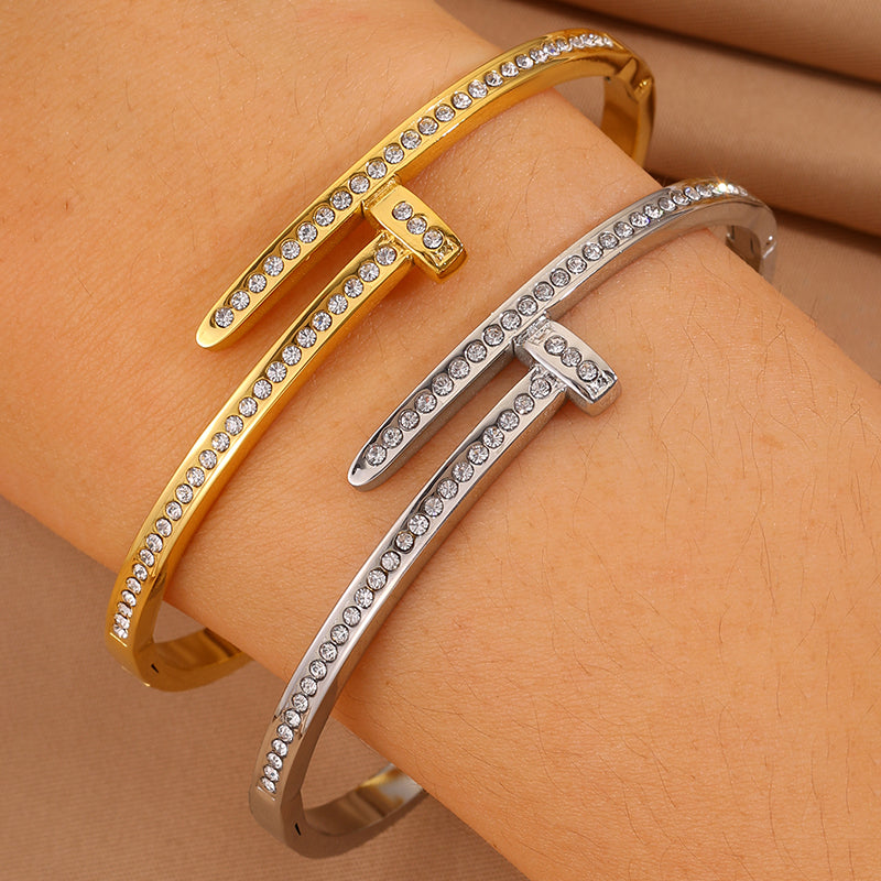 Solid Color Unisex Bangle For New Year Featuring 304 Stainless Steel With 18K Real Gold Plated And Rhinestones Inlay
