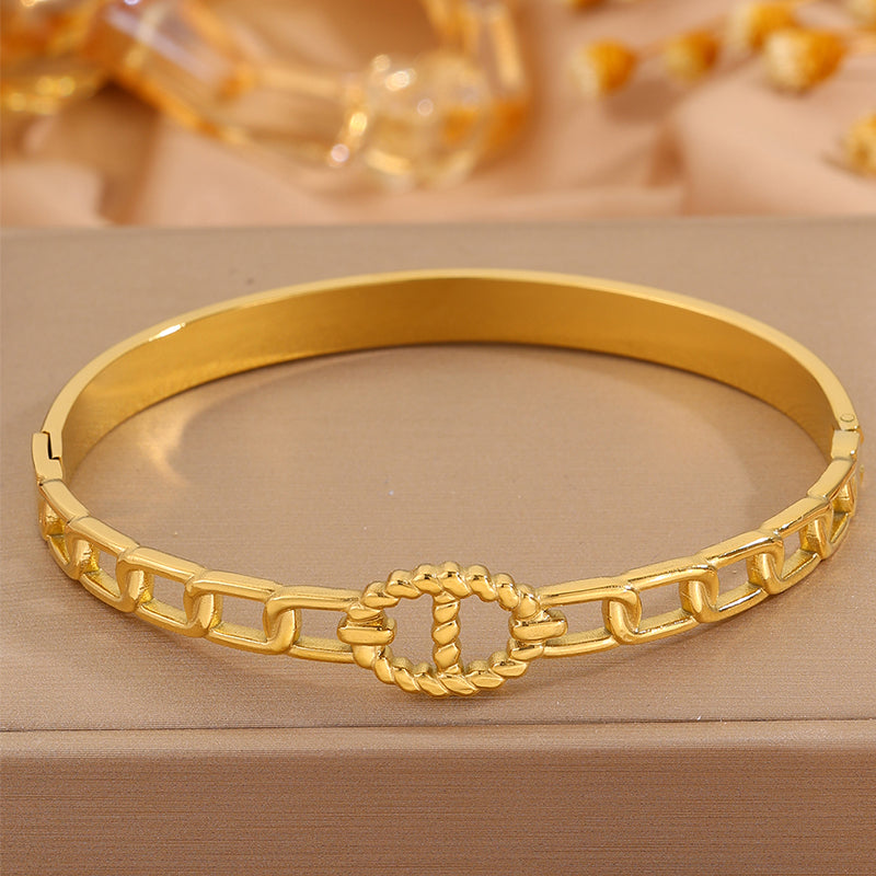 Bohemian Solid Color Bangle For New Year, Made Of 304 Stainless Steel With 18K Real Gold Plating And Stone-Free Inlay