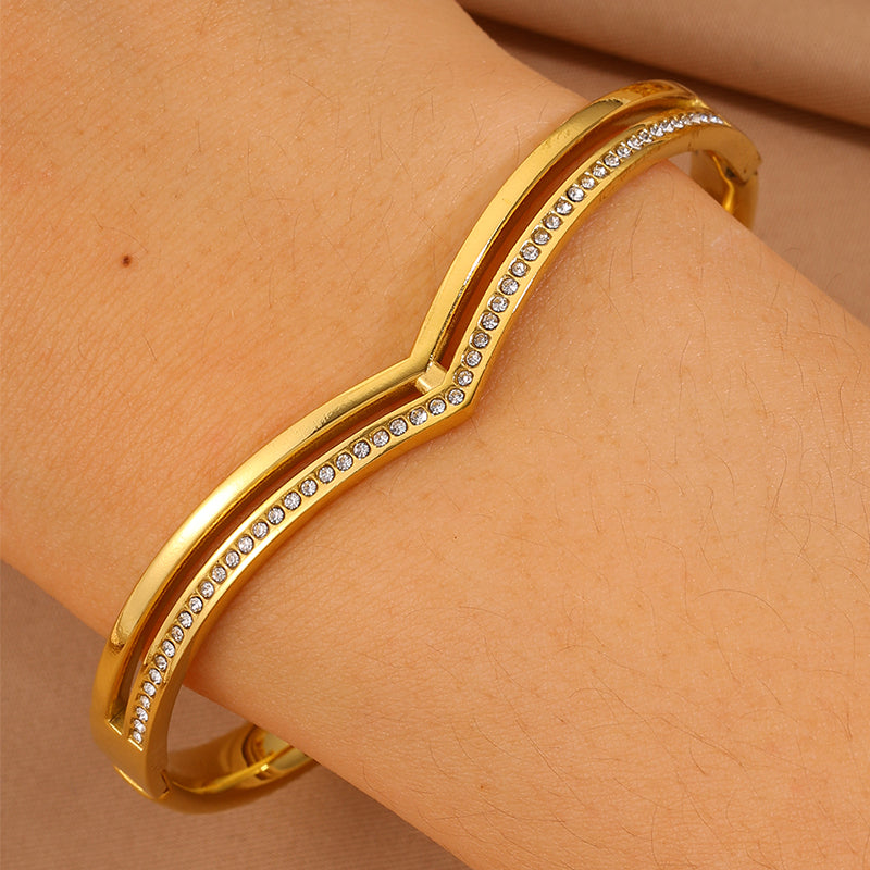 Solid Color Unisex Bangle For Super Bowl Featuring 304 Stainless Steel With 18K Real Gold Plated And Rhinestones Inlay