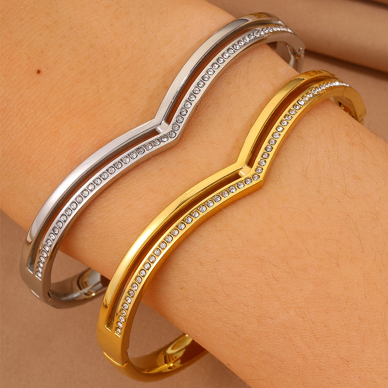 Solid Color Unisex Bangle For Super Bowl Featuring 304 Stainless Steel With 18K Real Gold Plated And Rhinestones Inlay