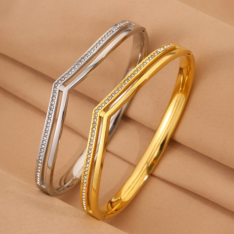 Solid Color Unisex Bangle For Super Bowl Featuring 304 Stainless Steel With 18K Real Gold Plated And Rhinestones Inlay