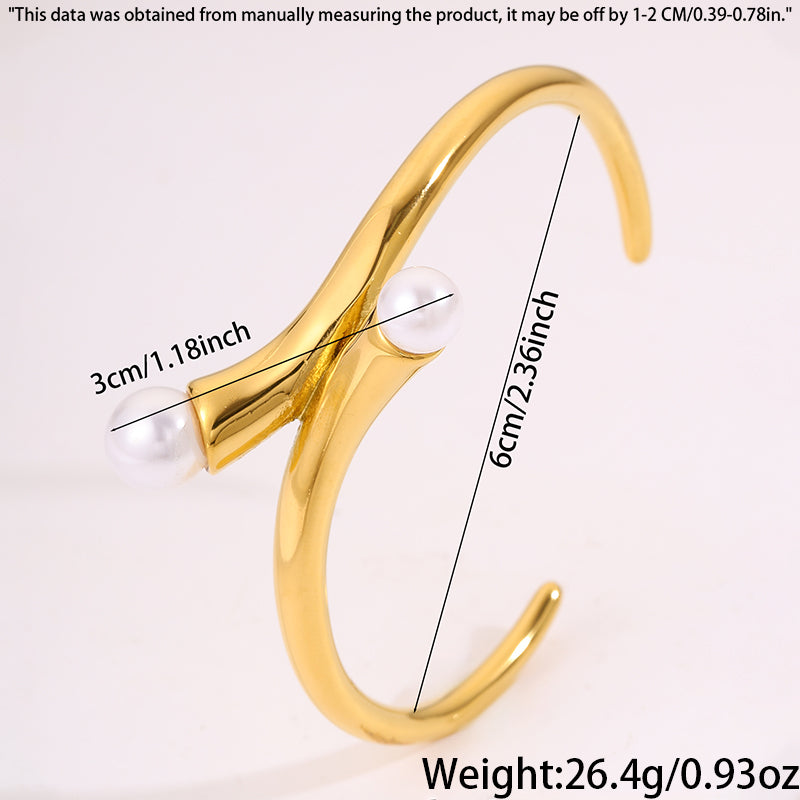 Solid Color Unisex Bangle For New Year, Made Of 304 Stainless Steel With 18K Real Gold Plated And Imitation Pearl Inlay