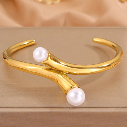Solid Color Unisex Bangle For New Year, Made Of 304 Stainless Steel With 18K Real Gold Plated And Imitation Pearl Inlay