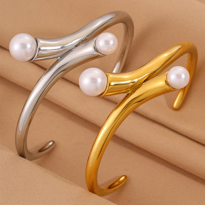 Solid Color Unisex Bangle For New Year, Made Of 304 Stainless Steel With 18K Real Gold Plated And Imitation Pearl Inlay
