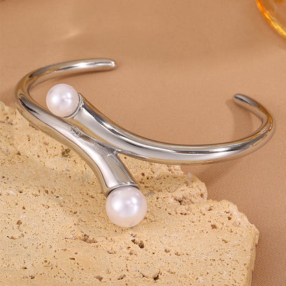 Solid Color Unisex Bangle For New Year, Made Of 304 Stainless Steel With 18K Real Gold Plated And Imitation Pearl Inlay