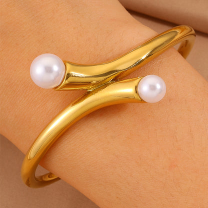Solid Color Unisex Bangle For New Year, Made Of 304 Stainless Steel With 18K Real Gold Plated And Imitation Pearl Inlay