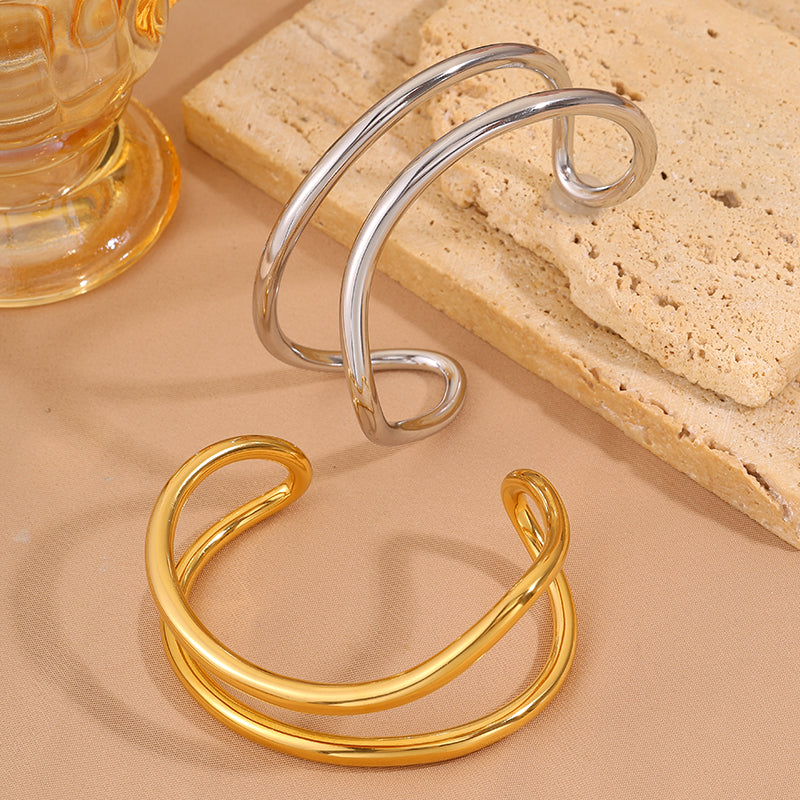 Solid Color Unisex Bangle For New Year Featuring 304 Stainless Steel With 18K Real Gold Plated And Stone-Free Inlay