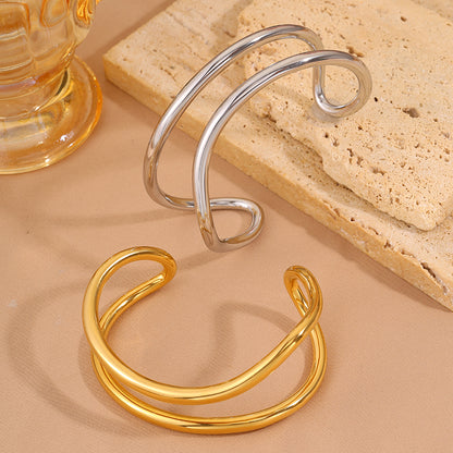 Solid Color Unisex Bangle For New Year Featuring 304 Stainless Steel With 18K Real Gold Plated And Stone-Free Inlay