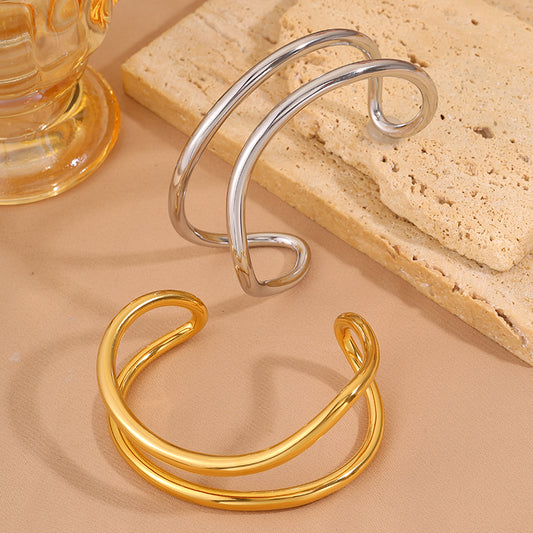 Solid Color Unisex Bangle For New Year Featuring 304 Stainless Steel With 18K Real Gold Plated And Stone-Free Inlay