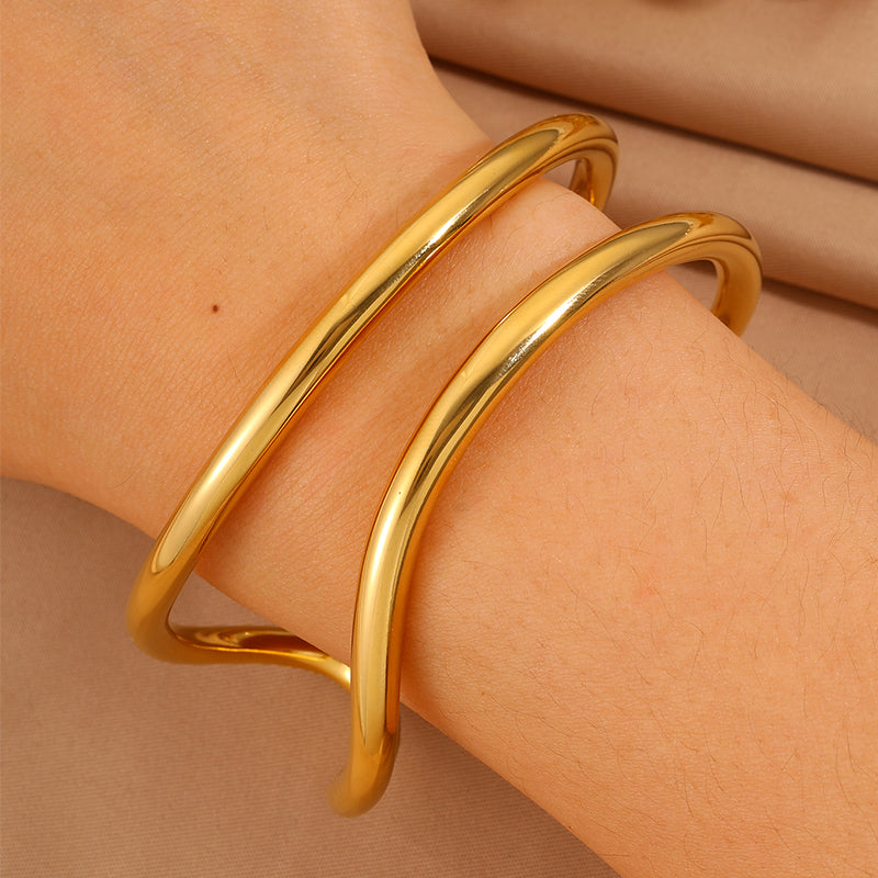 Solid Color Unisex Bangle For New Year Featuring 304 Stainless Steel With 18K Real Gold Plated And Stone-Free Inlay
