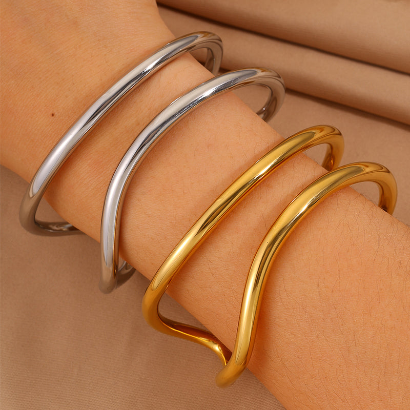 Solid Color Unisex Bangle For New Year Featuring 304 Stainless Steel With 18K Real Gold Plated And Stone-Free Inlay