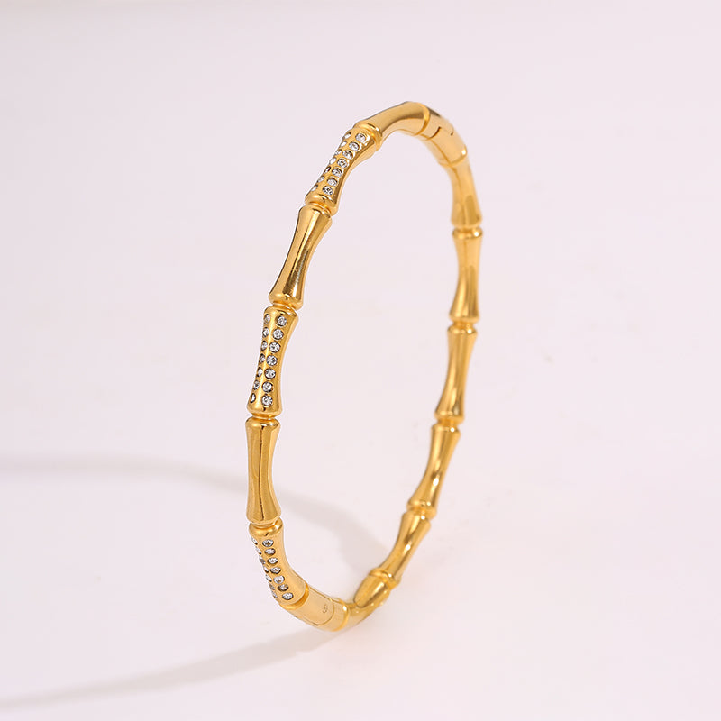 Bohemian Bamboo Bangle For Super Bowl Featuring 304 Stainless Steel With 18K Real Gold Plated And Rhinestones Inlay