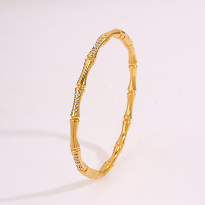 Bohemian Bamboo Bangle For Super Bowl Featuring 304 Stainless Steel With 18K Real Gold Plated And Rhinestones Inlay