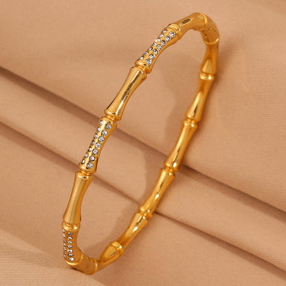 Bohemian Bamboo Bangle For Super Bowl Featuring 304 Stainless Steel With 18K Real Gold Plated And Rhinestones Inlay