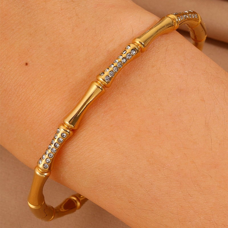 Bohemian Bamboo Bangle For Super Bowl Featuring 304 Stainless Steel With 18K Real Gold Plated And Rhinestones Inlay
