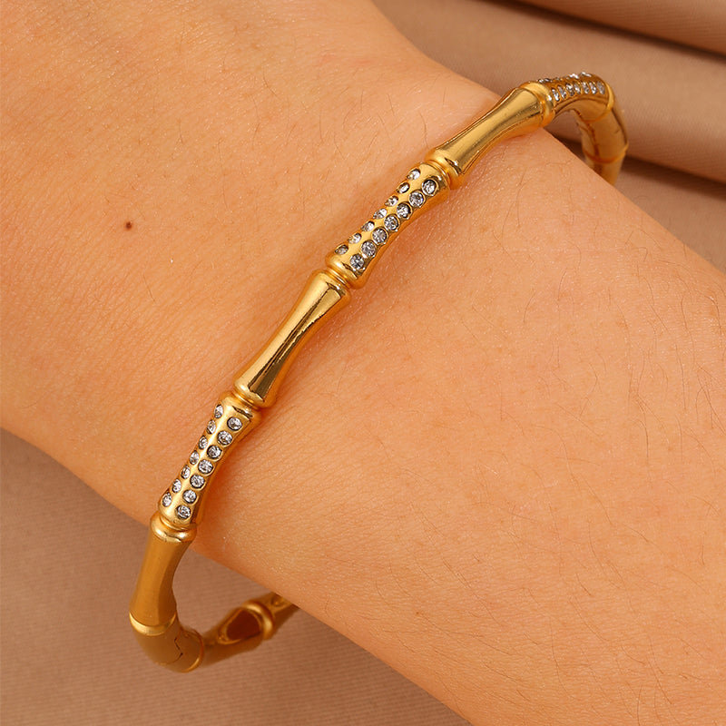 Bohemian Bamboo Bangle For Super Bowl Featuring 304 Stainless Steel With 18K Real Gold Plated And Rhinestones Inlay