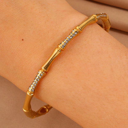 Bohemian Bamboo Bangle For Super Bowl Featuring 304 Stainless Steel With 18K Real Gold Plated And Rhinestones Inlay