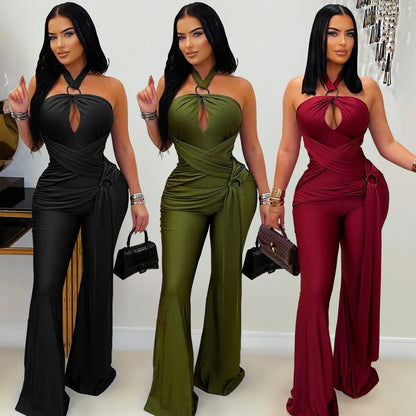 Solid Color Sleeveless Jumpsuit For Women In Polyester Fabric Featuring Wide Leg Full Length Pants With Micro-Elastic Fit