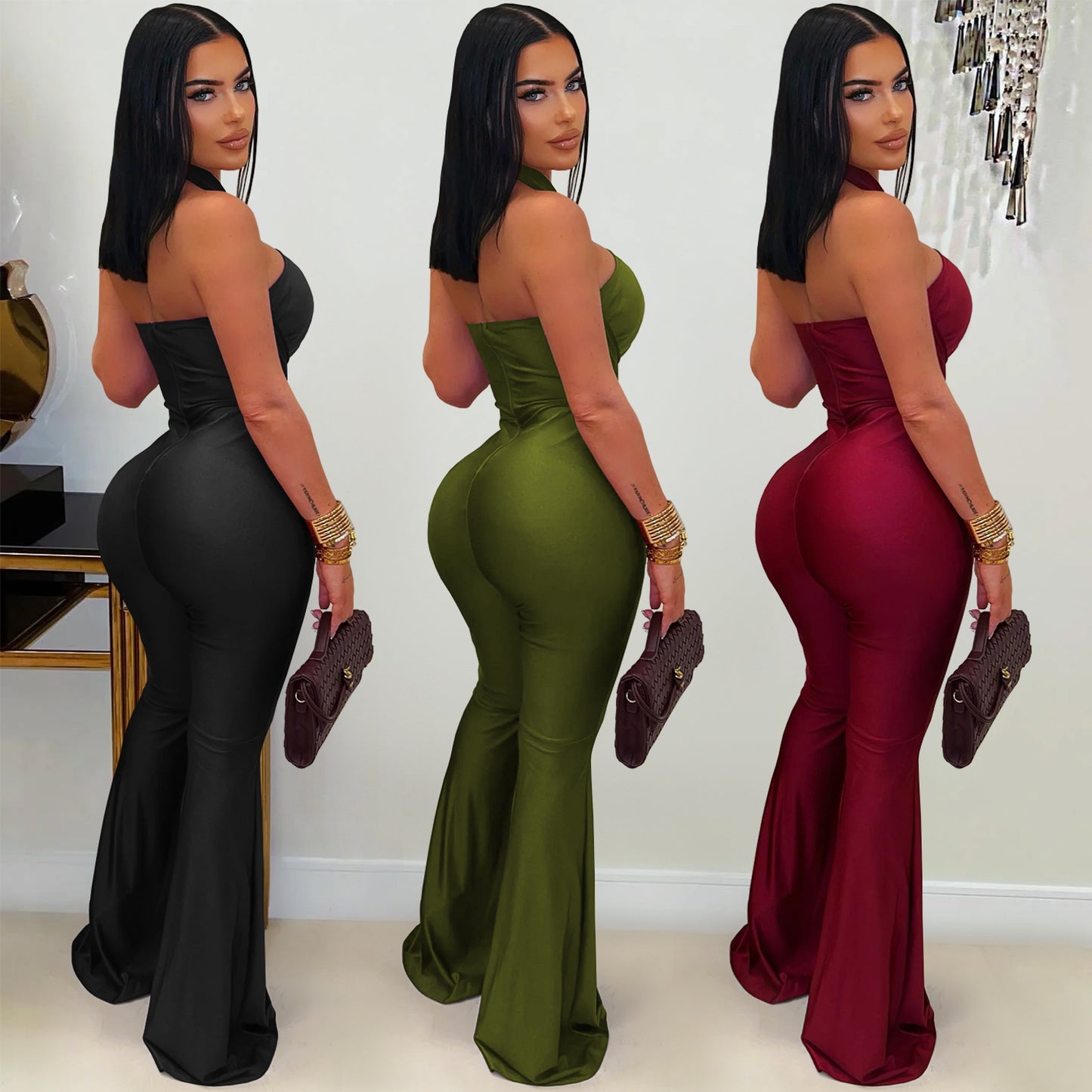Solid Color Sleeveless Jumpsuit For Women In Polyester Fabric Featuring Wide Leg Full Length Pants With Micro-Elastic Fit