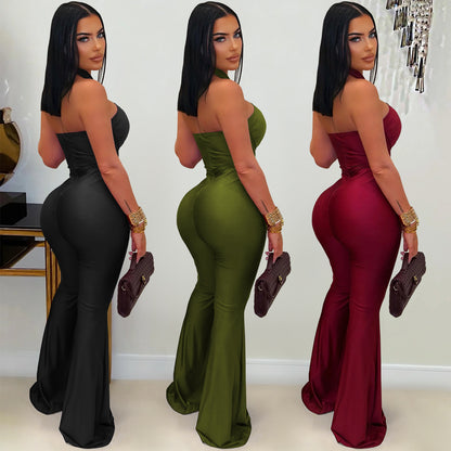 Solid Color Sleeveless Jumpsuit For Women In Polyester Fabric Featuring Wide Leg Full Length Pants With Micro-Elastic Fit