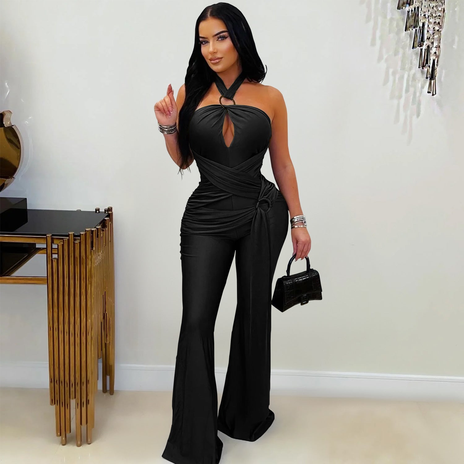 Solid Color Sleeveless Jumpsuit For Women In Polyester Fabric Featuring Wide Leg Full Length Pants With Micro-Elastic Fit