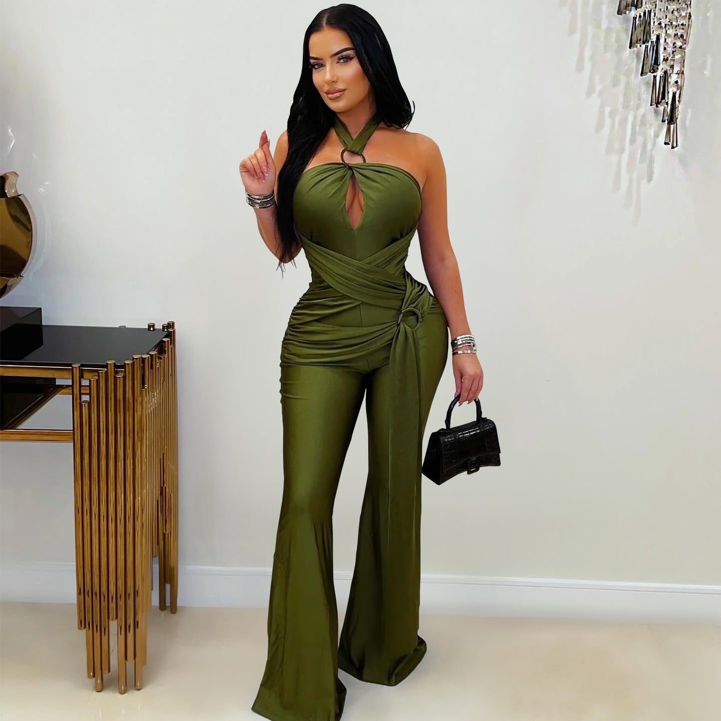 Solid Color Sleeveless Jumpsuit For Women In Polyester Fabric Featuring Wide Leg Full Length Pants With Micro-Elastic Fit