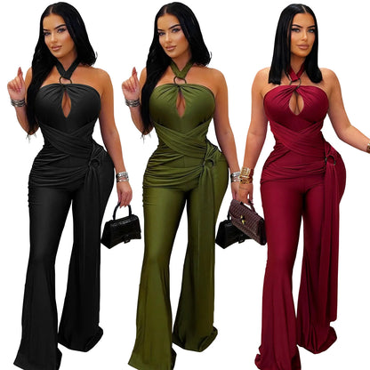 Solid Color Sleeveless Jumpsuit For Women In Polyester Fabric Featuring Wide Leg Full Length Pants With Micro-Elastic Fit