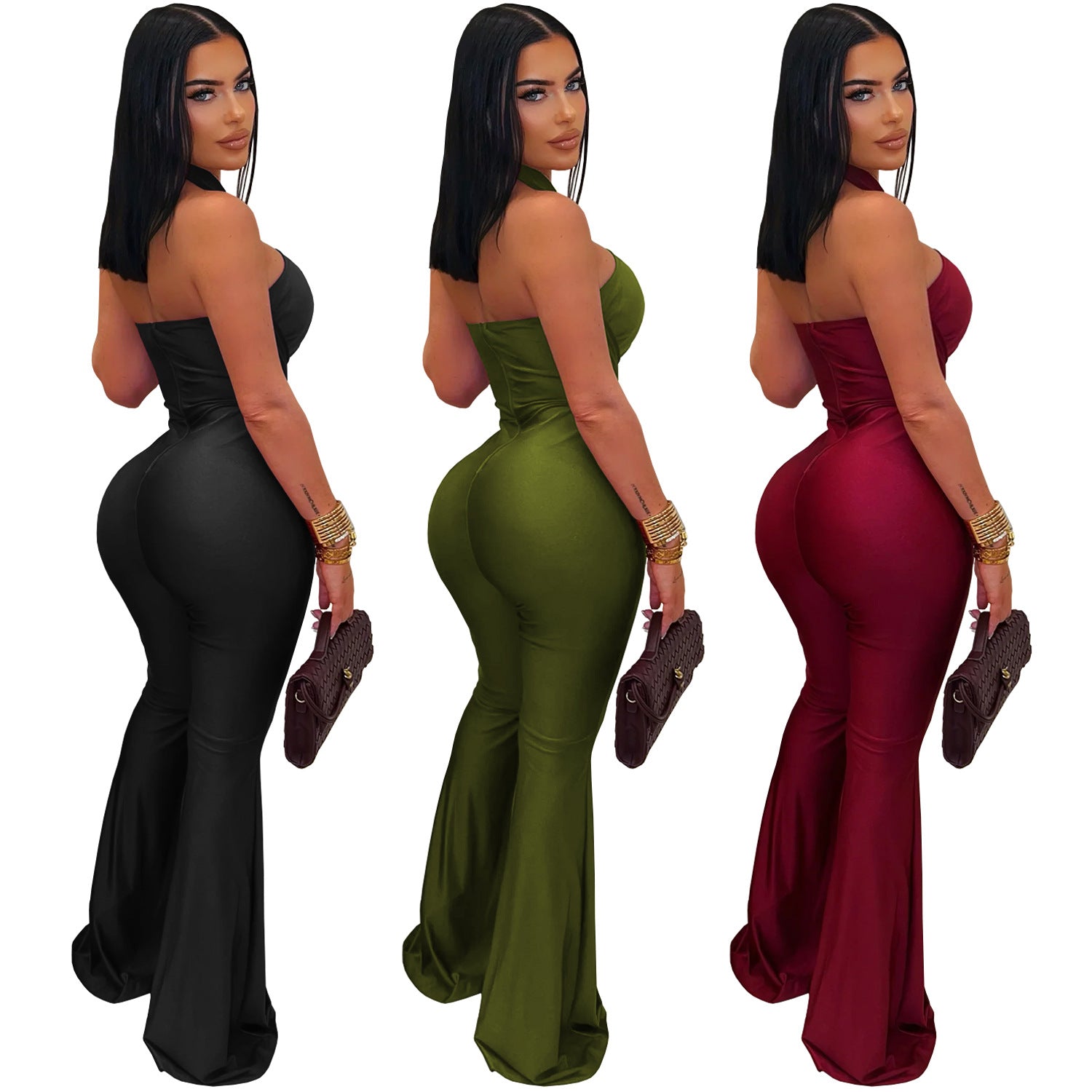Solid Color Sleeveless Jumpsuit For Women In Polyester Fabric Featuring Wide Leg Full Length Pants With Micro-Elastic Fit