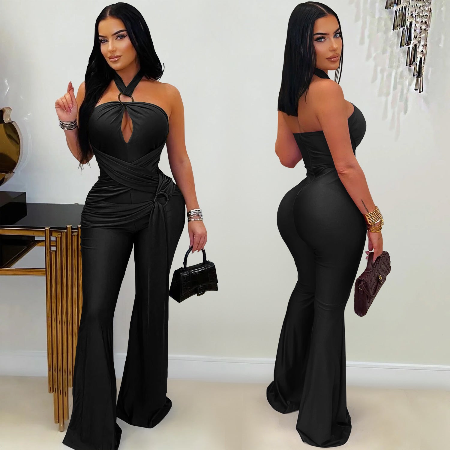 Solid Color Sleeveless Jumpsuit For Women In Polyester Fabric Featuring Wide Leg Full Length Pants With Micro-Elastic Fit