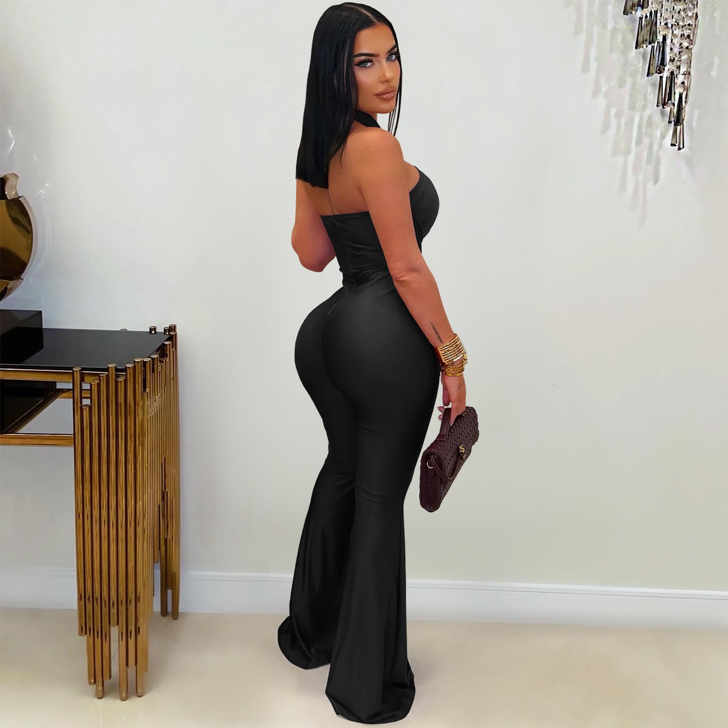 Solid Color Sleeveless Jumpsuit For Women In Polyester Fabric Featuring Wide Leg Full Length Pants With Micro-Elastic Fit