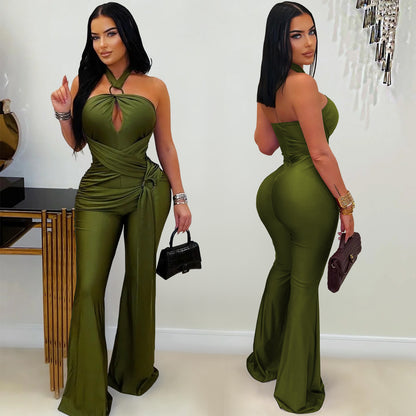 Solid Color Sleeveless Jumpsuit For Women In Polyester Fabric Featuring Wide Leg Full Length Pants With Micro-Elastic Fit