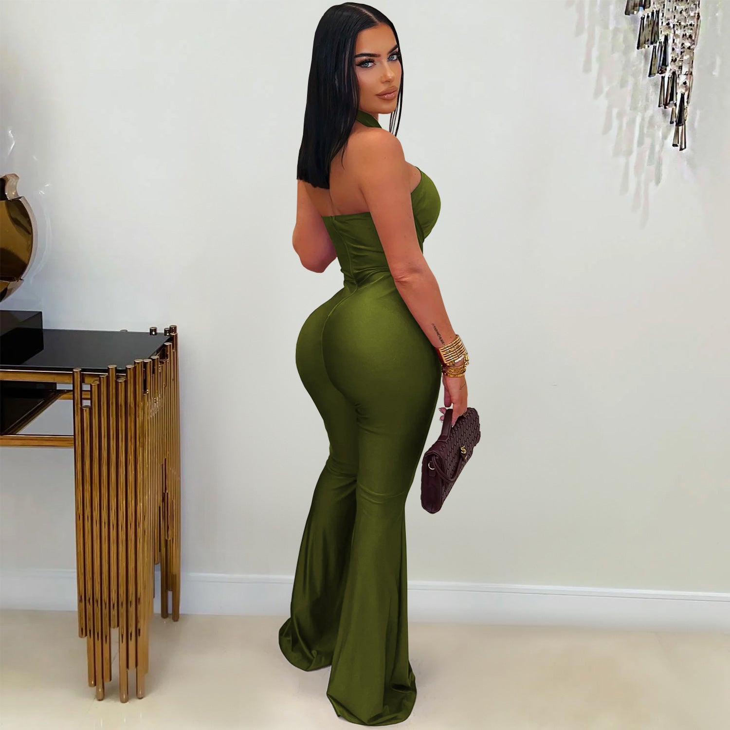 Solid Color Sleeveless Jumpsuit For Women In Polyester Fabric Featuring Wide Leg Full Length Pants With Micro-Elastic Fit